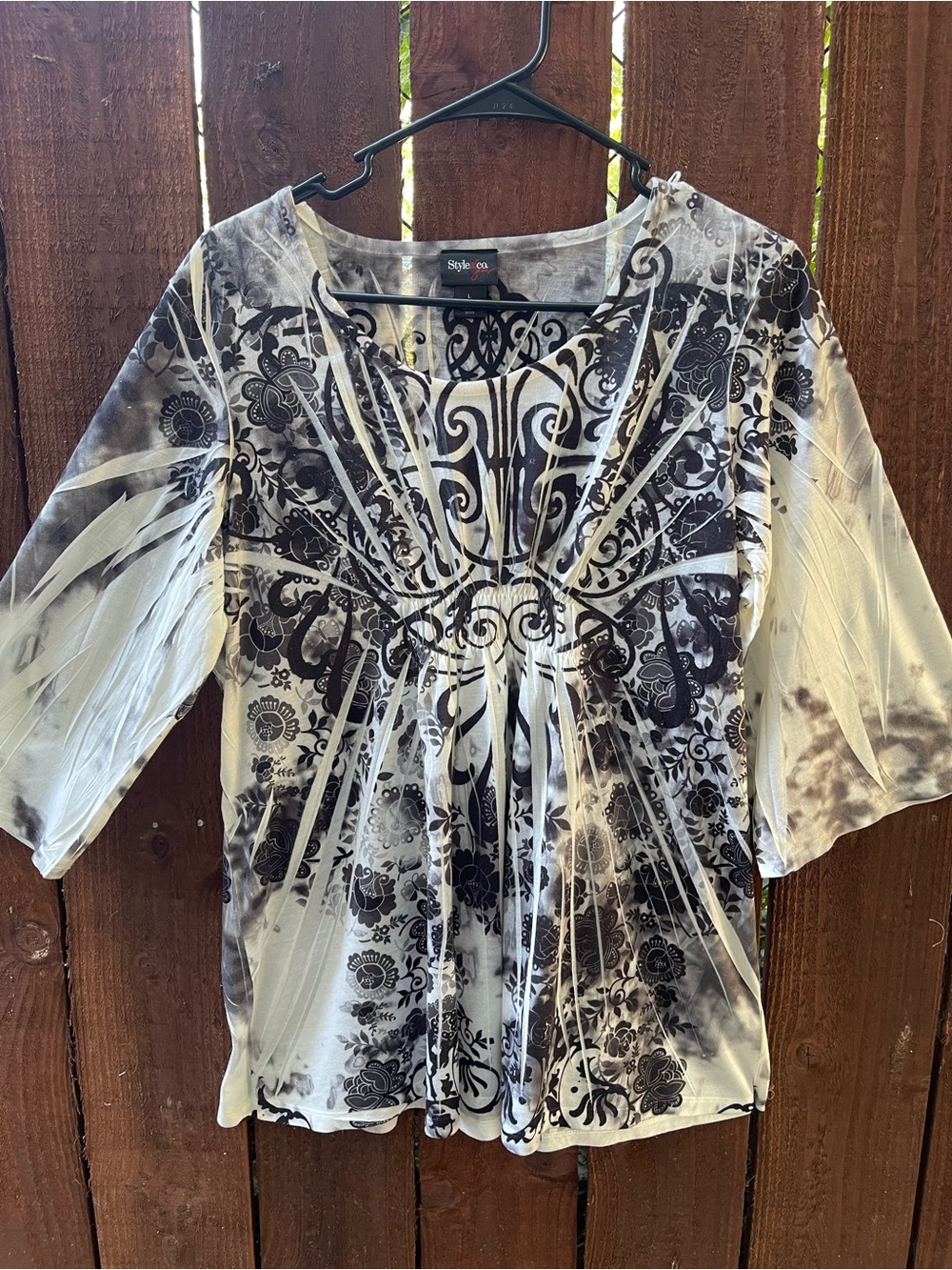 Y2K Whimsi-Goth Boho Grunge Graphic Tunic 3/4 Sleeve Empire Waist Sz L